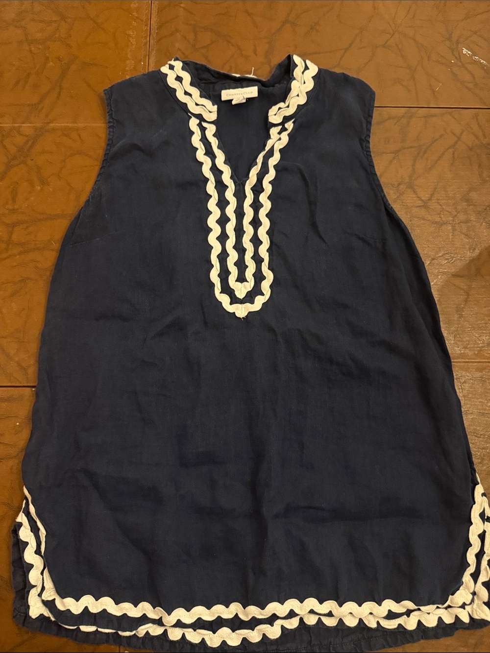 Charter Club Navy Sleeveless Tunic with White Scalloped Trim